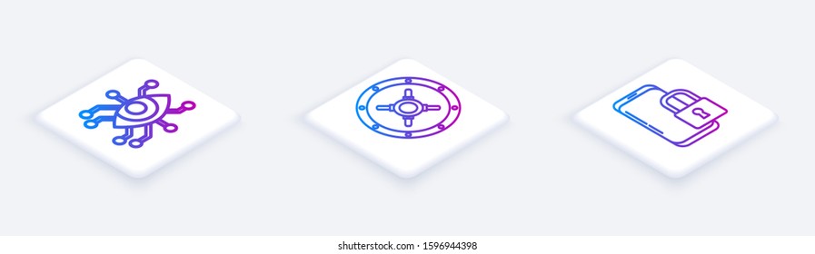 Set Isometric line Eye scan , Safe  and Smartphone with closed padlock . White square button. Vector