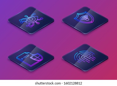 Set Isometric line Eye scan , Document protection concept , Shield with WiFi wireless internet network and Fingerprint . Blue square button. Vector