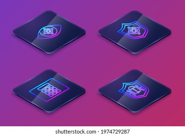 Set Isometric line Eye scan, Password protection, Shield and System bug. Blue square button. Vector