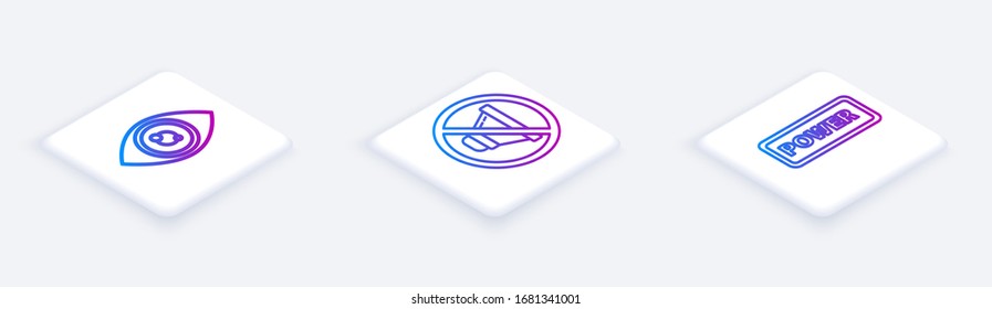 Set Isometric line Eye, Speaker mute and Power button. White square button. Vector
