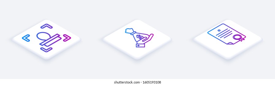 Set Isometric line Face recognition, Hand holding money bag and Certificate template. White square button. Vector