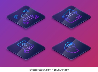 Set Isometric line Face recognition, Oath on the Holy Bible, Envelope and Head with law. Blue square button. Vector