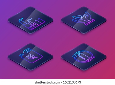 Set Isometric line Factory, Bio fuel canister, Sprout in hand of environmental protection and Recycling plastic bottle. Blue square button. Vector