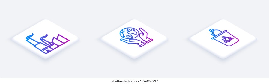 Set Isometric line Factory, Human hands holding Earth globe and Recycle bin with recycle symbol. White square button. Vector