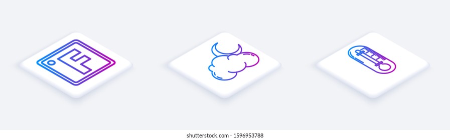 Set Isometric line Fahrenheit, Cloud with moon and stars and Thermometer. White square button. Vector