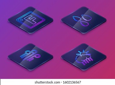 Set Isometric line Fahrenheit, Wind, Water drop and Cloud with rain and sun. Blue square button. Vector