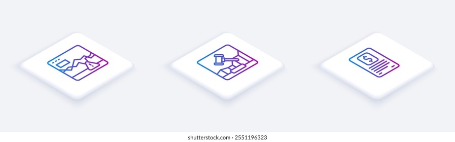 Establecer la línea isométrica Fallo del mercado de valores, subasta en línea por Internet e informe de finanzas comerciales. Botón cuadrado blanco. Vector