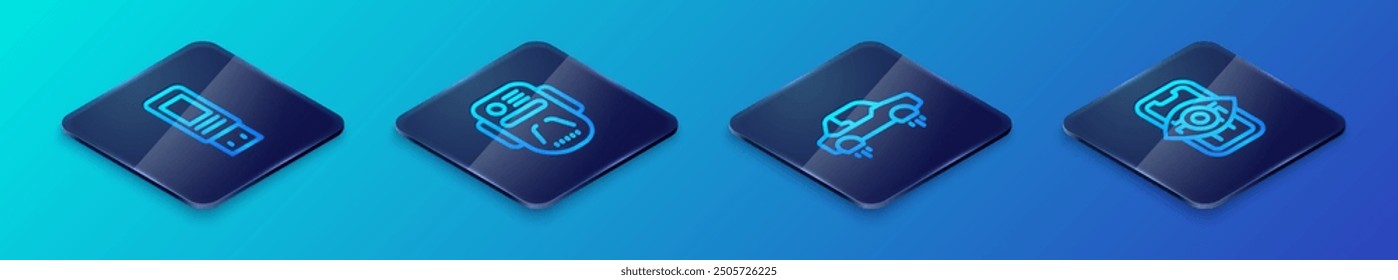 Set Isometric line Fantastic flying car, USB flash drive, Computer vision and Artificial intelligence robot icon. Vector