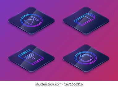 Set Isometric line Fast forward, Tablet, Battery charge level indicator and Power button. Blue square button. Vector