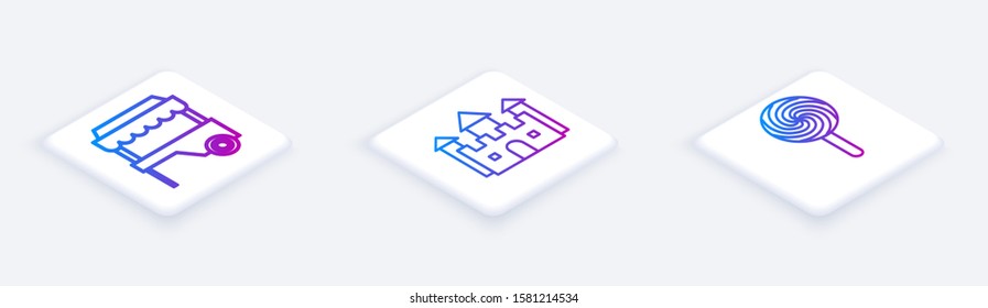Set Isometric line Fast street food cart with awning, Castle and Lollipop. White square button. Vector
