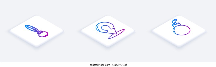 Set Isometric line Feather and inkwell, Map marker with a silhouette of a person and Bomb ready to explode. White square button. Vector