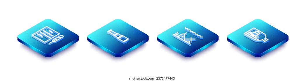 Set Isometric line Feather pen and scroll, Spyglass telescope lens, Sunken ship and Bottle with inside icon. Vector
