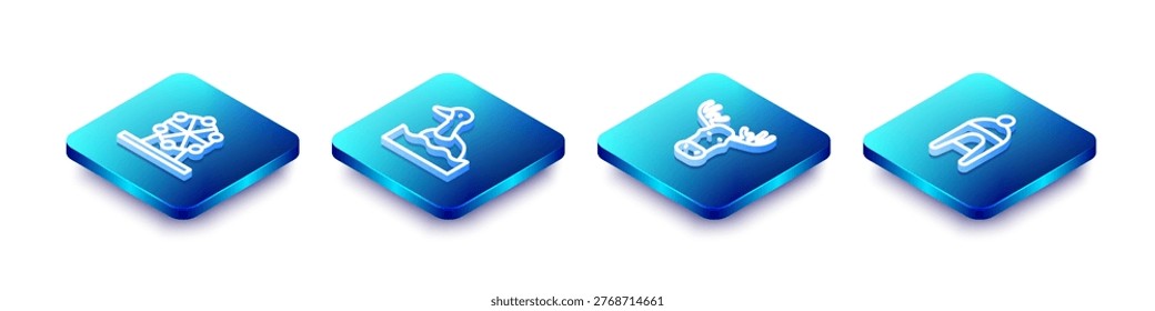 Set Isometric line Ferris wheel, Flying duck, Moose head with horns and Winter hat icon. Vector