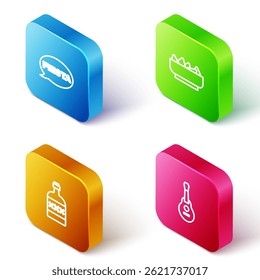 Set Isometric line Fiesta, Nachos in bowl, Tequila bottle and Mexican guitar icon. Vector