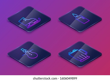 Set Isometric line Figure skates, Christmas snowman, Burning candle in candlestick and Hot chocolate cup with marshmallows. Blue square button. Vector