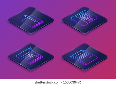 Set Isometric line File document, Blank notebook and pen, Telephone and File document. Blue square button. Vector