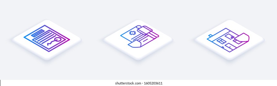 Set Isometric line Filled form, Medical clipboard with clinical record and House with shield. White square button. Vector