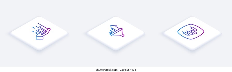 Set Isometric line Financial growth, Sales funnel with chart and Browser stocks market. White square button. Vector