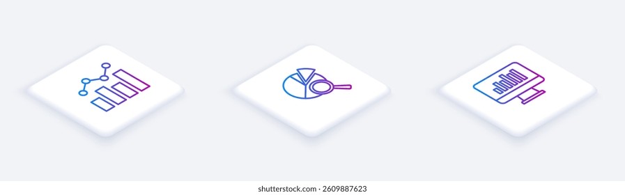 Set Isometric line Financial growth, Search data analysis and Monitor with graph chart. White square button. Vector