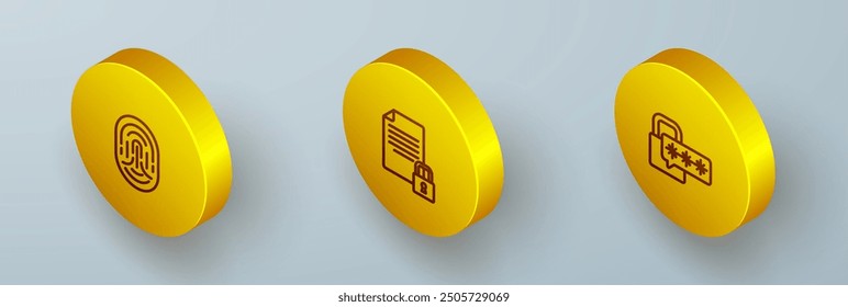 Set Isometric line Fingerprint, Document and lock and Cyber security icon. Vector