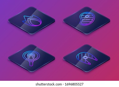 Set Isometric line Fire flame, Fish steak in frying pan, Steak meat and Fish steak. Blue square button. Vector