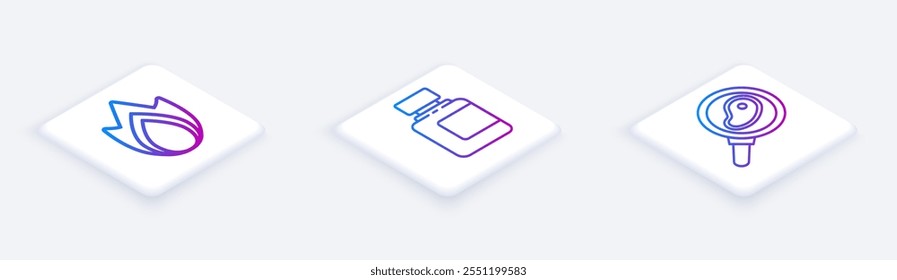Set Isometric line Fire flame, Sauce bottle and Steak meat in frying pan. White square button. Vector