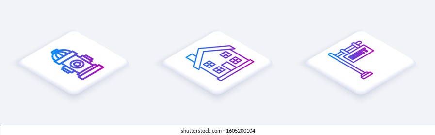 Set Isometric line Fire hydrant, Home symbol and Hanging sign with text Rent. White square button. Vector