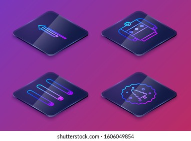 Set Isometric line Firework rocket, Three rolled sticks of cinnamon, Christmas sweater and Cookie or biscuit with chocolate. Blue square button. Vector