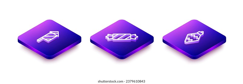 Set Isometric line Firework rocket, Candy and Christmas toy icon. Vector