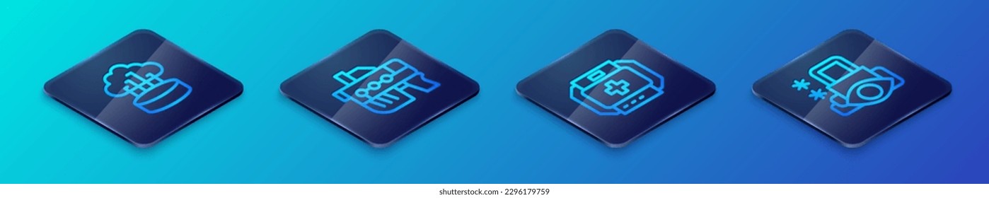 Set Isometric line First aid kit, Network Cloud connection, Cyber security and Futuristic Weapons icon. Vector