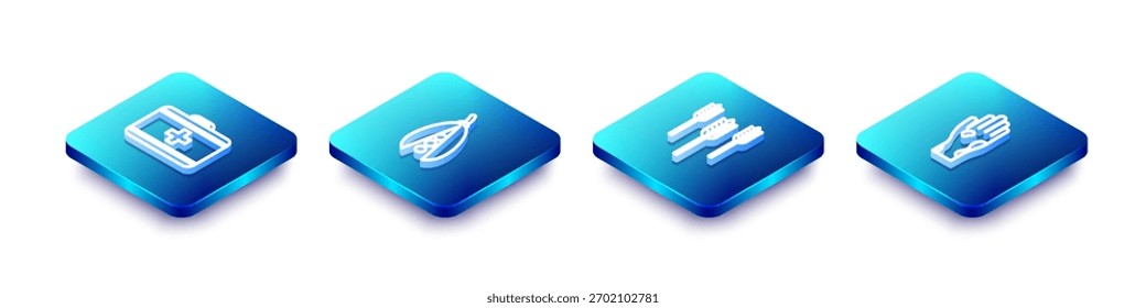 Set Isometric line First aid kit, Kidney beans, Wheat and Hand with psoriasis or eczema icon. Vector
