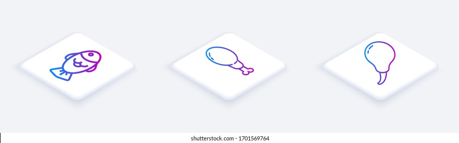 Set Isometric line Fish, Chicken leg and Chicken leg. White square button. Vector