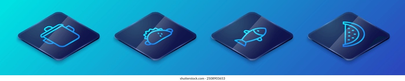 Set Isometric line Fish, Cooking pot, Watermelon and Taco with tortilla icon. Vector