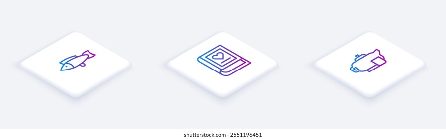 Set Isometric line Fish, Medical book and Teapot with cup. White square button. Vector