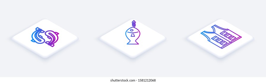Set Isometric line Fish, Fish on hook and Fishing jacket. White square button. Vector