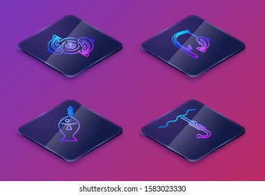 Set Isometric line Fish, Fish on hook, Fishing rod and fish and Fishing hook under water. Blue square button. Vector