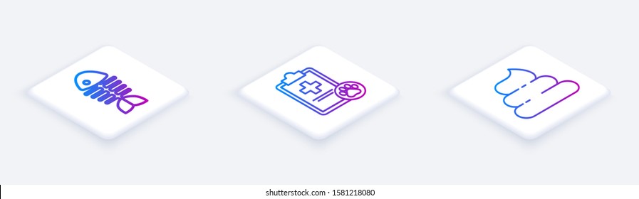 Set Isometric line Fish skeleton, Clipboard with medical clinical record pet and Shit. White square button. Vector