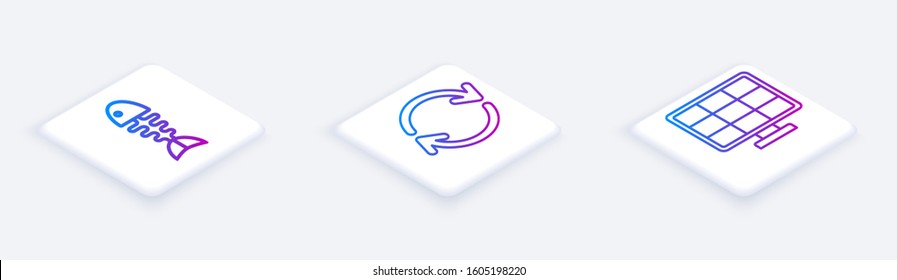 Set Isometric line Fish skeleton, Refresh and Solar energy panel. White square button. Vector