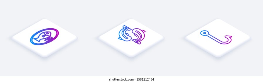 Set Isometric line Fish trophy hanging on the board, Fish and Fishing hook. White square button. Vector
