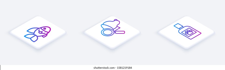 Set Isometric line Fish, Veterinary clinic symbol and Dog medicine bottle. White square button. Vector