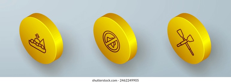 Set Isometric line Fisherman in boat, Speaker mute and Crossed oars or paddles icon. Vector