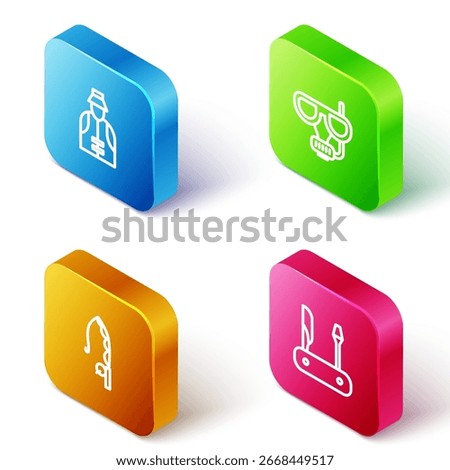 Set Isometric line Fisherman, Diving mask and snorkel, Fishing rod and Swiss army knife icon. Vector