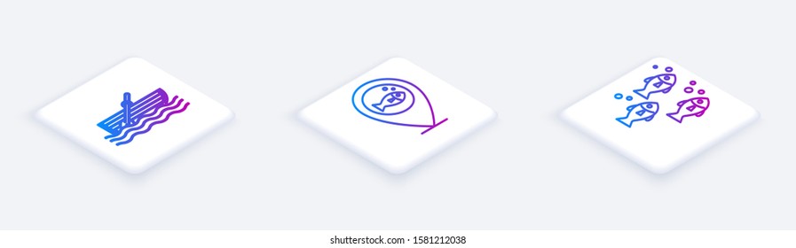 Set Isometric line Fishing boat with oars on water, Location fishing and Fish. White square button. Vector