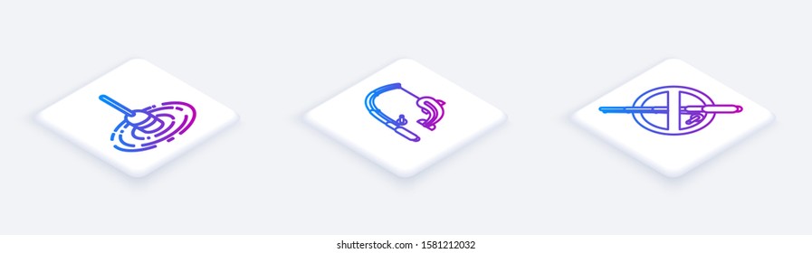 Set Isometric line Fishing float in water, Fishing rod and fish and No fishing. White square button. Vector