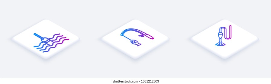 Set Isometric line Fishing float in water, Fishing rod and fish and Fishing line with hook and float. White square button. Vector