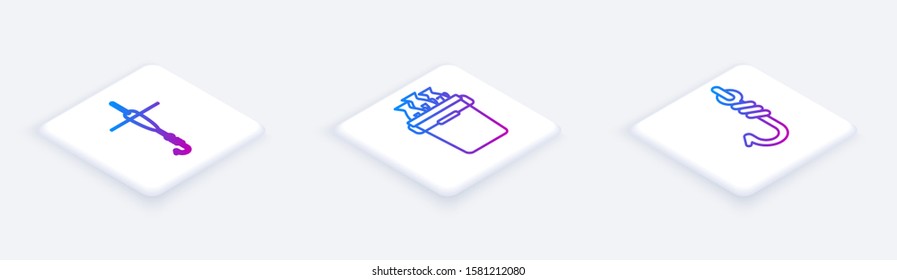 Set Isometric line Fishing hook and float, Fishing bucket with fishes and Fishing hook. White square button. Vector