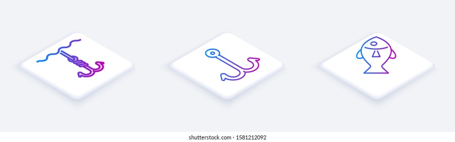 Set Isometric line Fishing hook under water, Fishing hook and Fish. White square button. Vector