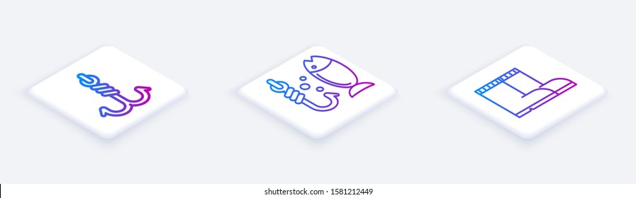 Set Isometric line Fishing hook, Fishing and Fishing boots. White square button. Vector