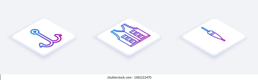 Set Isometric line Fishing hook, Fishing jacket and Fishing float. White square button. Vector