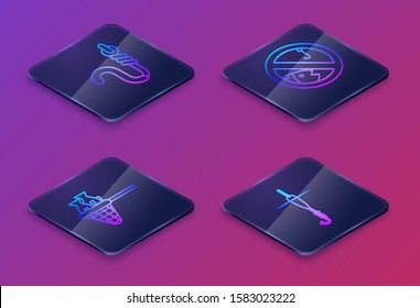 Set Isometric line Fishing hook and worm, Fishing net with fish, No fishing and Fishing hook and float. Blue square button. Vector